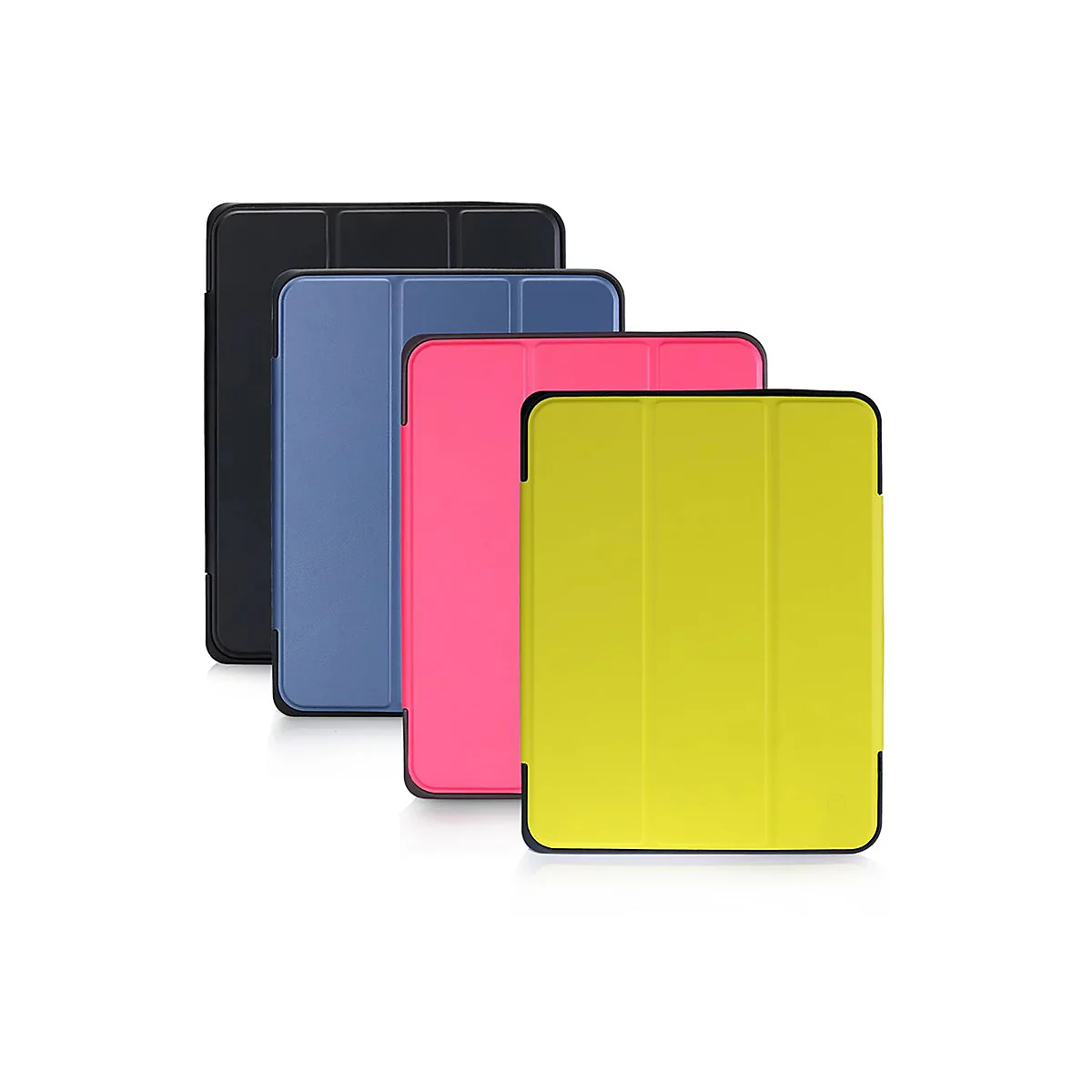 Vier Tablet-Hüllen in Schwarz, Blau, Pink und Gelb, leicht versetzt hintereinander auf weißem Hintergrund angeordnet.