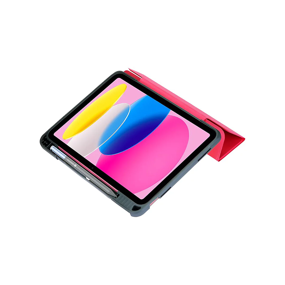 Tablet in pinker Schutzhülle mit integriertem Stift auf weißem Hintergrund.