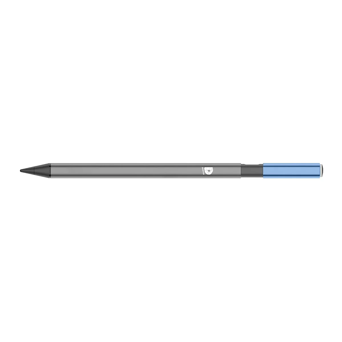 Eleganter, dunkelgrauer Eingabestift mit blauen Akzenten und kleinem Logo auf weißem Hintergrund.