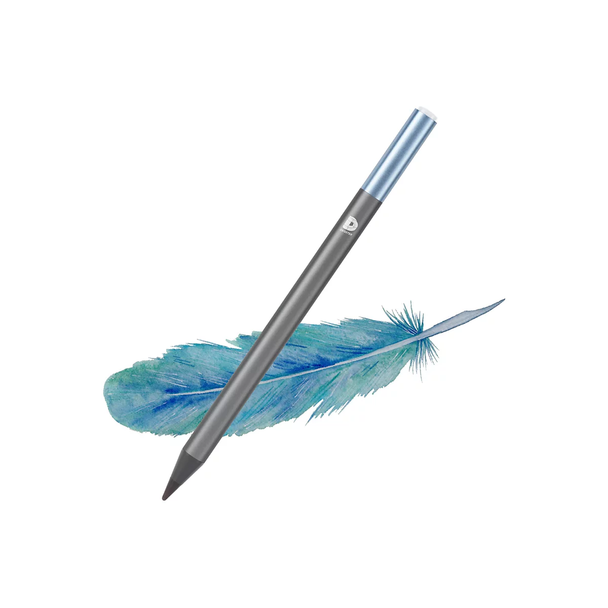Ein grauer Eingabestift liegt schräg über einer aquarellierten, blau-türkisen Feder vor weißem Hintergrund.