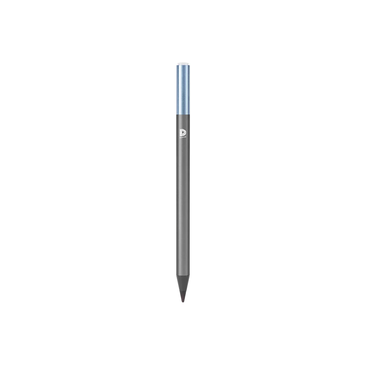 Eingabestift in Grau mit hellblauem Akzent am oberen Ende und weißem Degster-Logo.