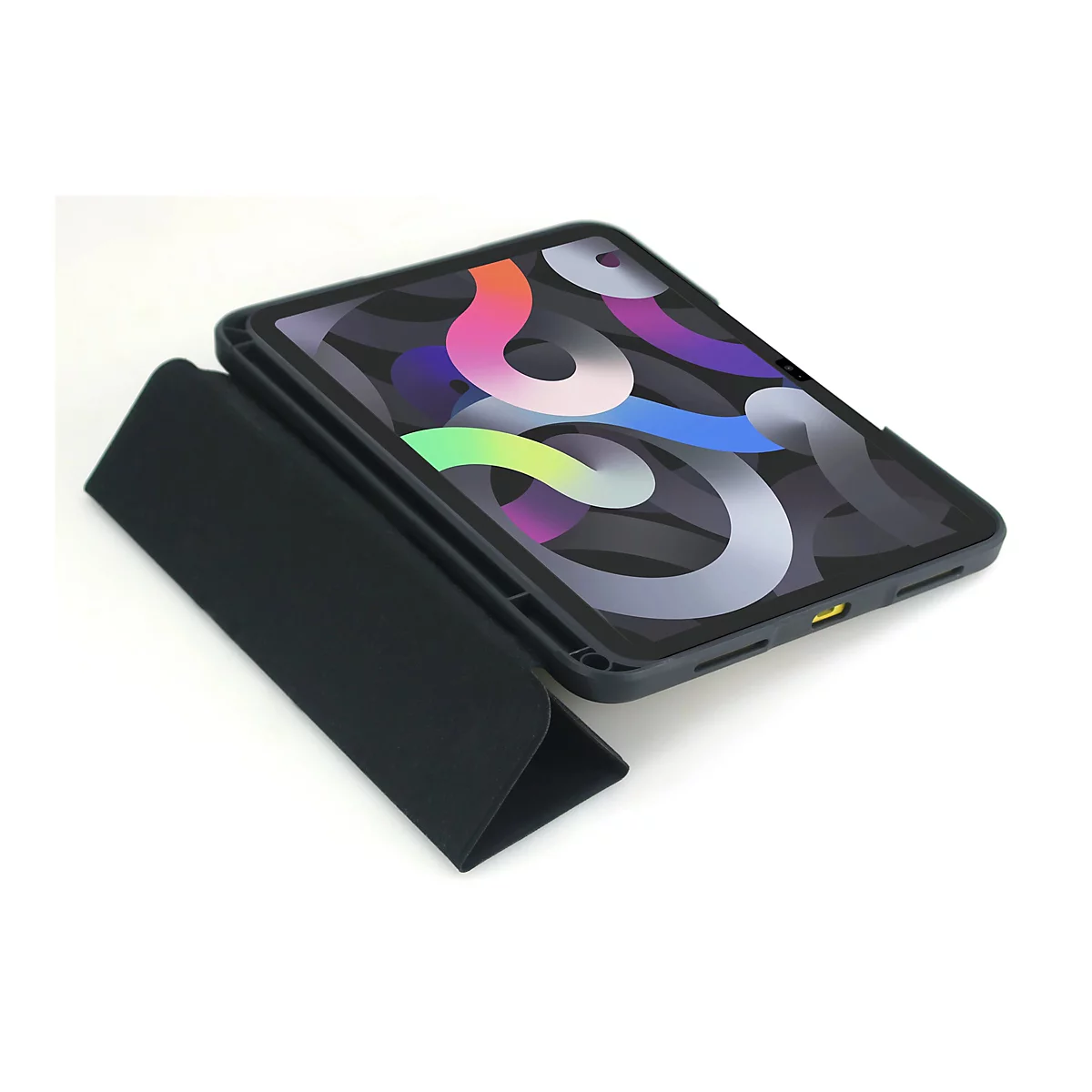 Ein schwarzes iPad mit einer Schutzhülle, die teilweise aufgeklappt ist. Auf dem Bildschirm ist ein buntes abstraktes Muster zu sehen.