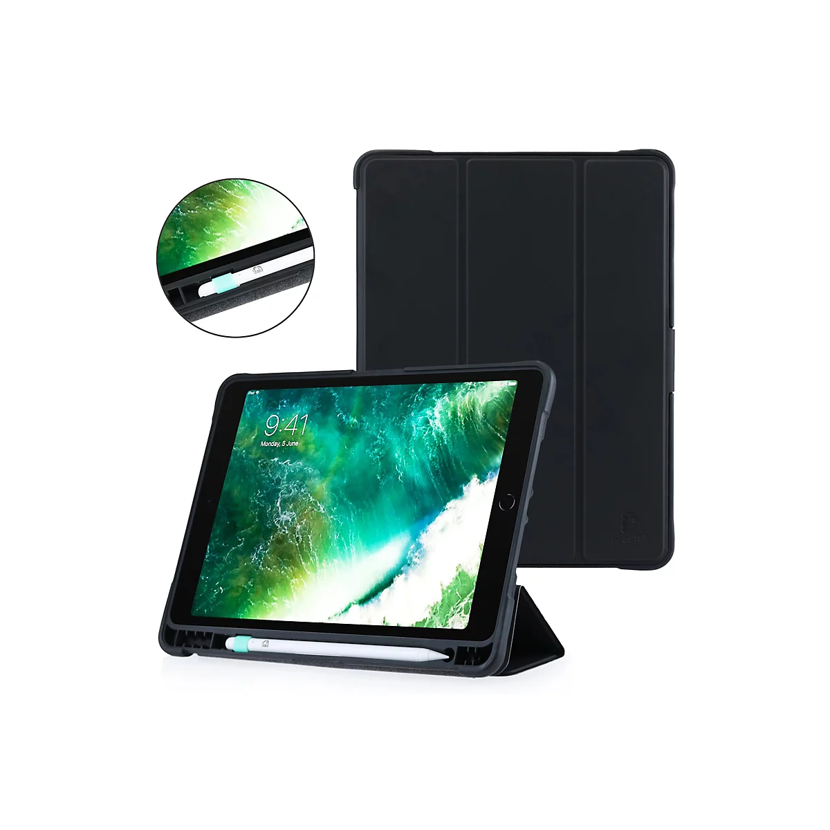 Schwarze Tablet-Hülle mit Stifthalter, aufgestellt mit Tablet. Detailansicht zeigt die Stiftaufnahme.