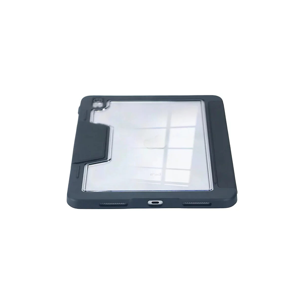 Dunkelgraue iPad-Hülle mit transparentem, rechteckigem Einsatz. Aufschrift iPad.