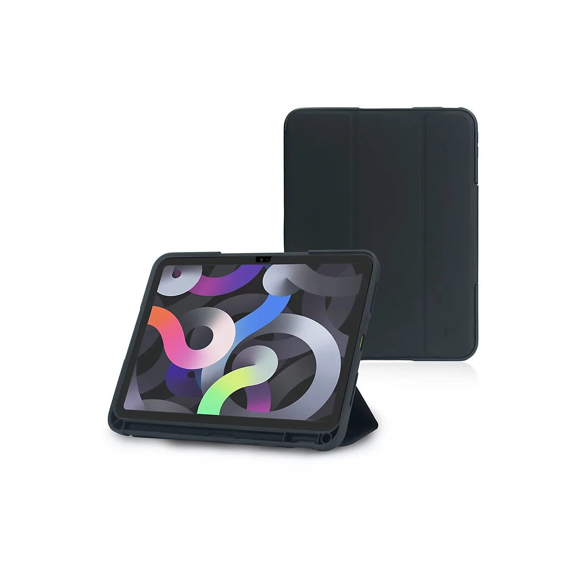 Ein dunkelgraues Tablet in einer ebenfalls dunkelgrauen Hülle, die geöffnet und aufgestellt ist. Daneben liegt die geschlossene Hülle.