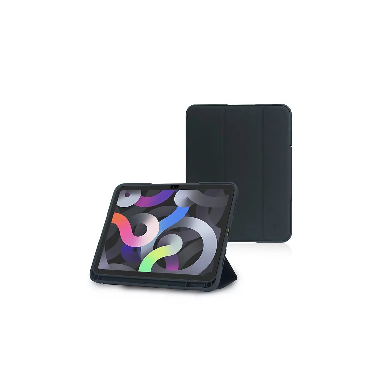 Ein dunkelblaues Tablet mit Hülle, das auf einem Ständer steht, zeigt einen bunten Bildschirm, daneben eine geschlossene Hülle.