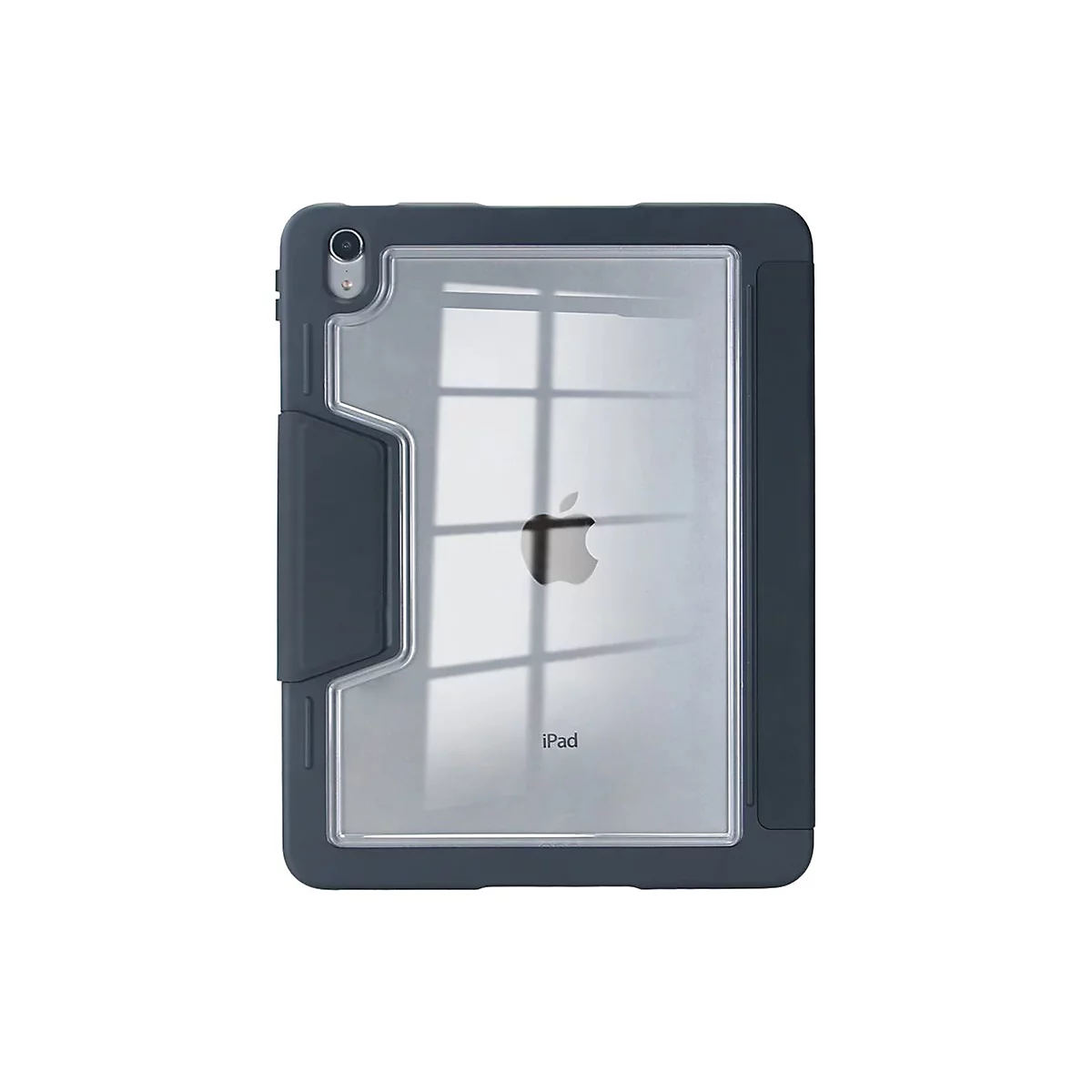 Dunkelgraue iPad-Hülle mit durchsichtiger Rückseite, Apple-Logo und Kameraausschnitt.