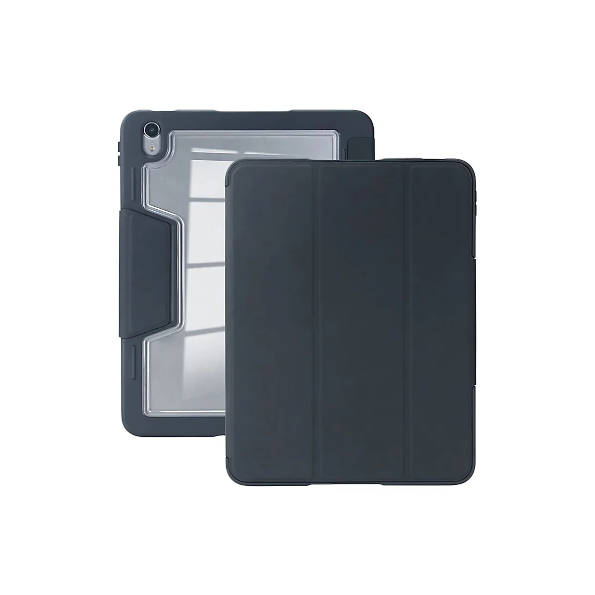 Dunkelgraue iPad-Hülle, die offen neben der geschlossenen Hülle liegt, mit klarem, durchsichtigem Rückenteil. 