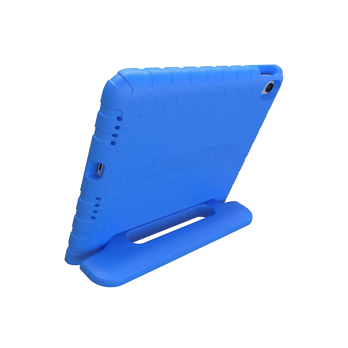 Blaues Tablet-Schutzgehäuse mit integriertem Ständer und DEQSTER-Schriftzug auf weißem Hintergrund.