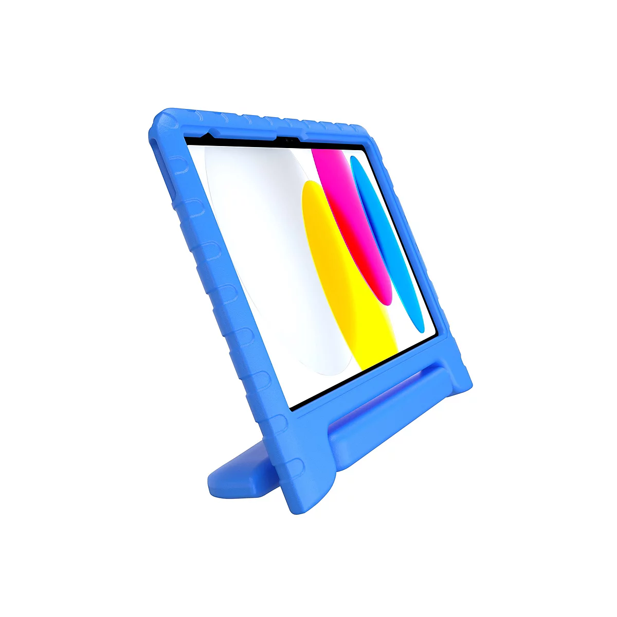 Blaues Tablet-Schutzgehäuse für Kinder mit integriertem Ständer vor weißem Hintergrund.