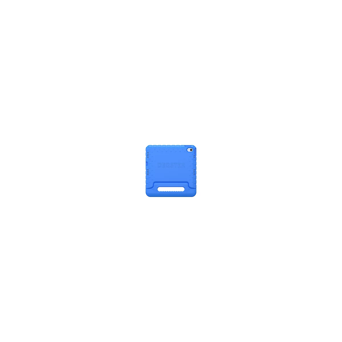 Hellblaue iPad-Hülle mit dem Schriftzug "DEQSTER" und Griff.