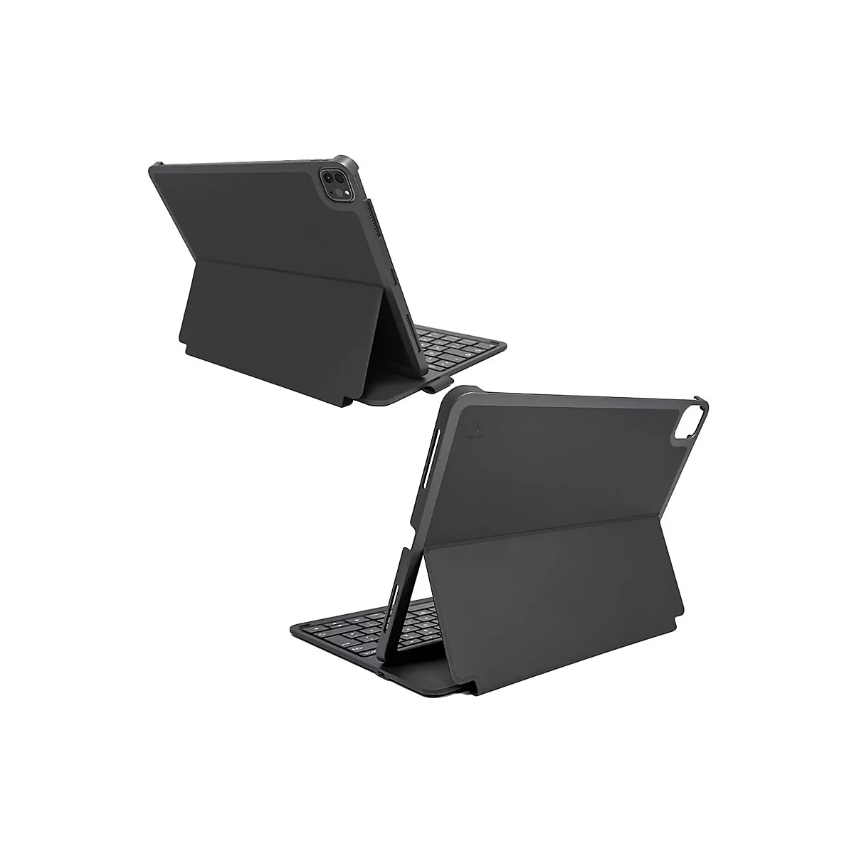 Zwei schwarzgraue Tablet-Hüllen mit Tastatur, schräg von oben und unten abgebildet.