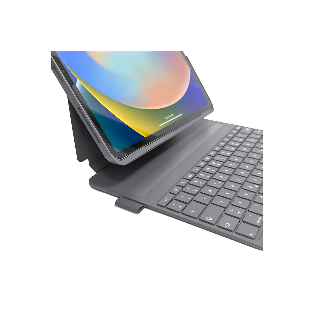 Ein graues Tablet mit angebrachter Tastatur, leicht von oben gesehen. Der Bildschirm zeigt ein farbenfrohes Hintergrundbild.