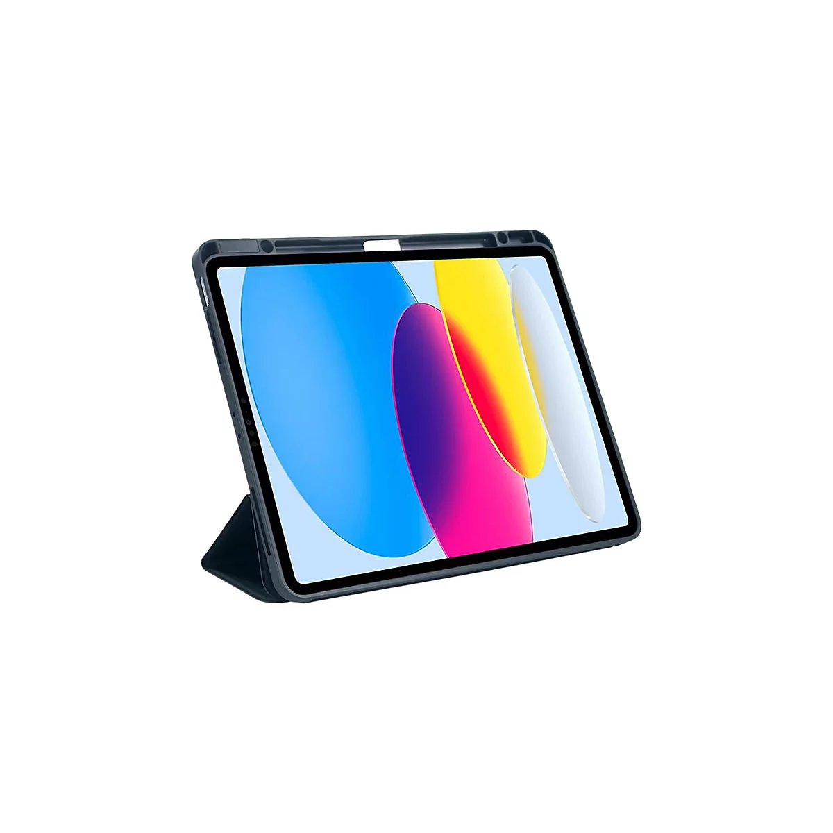 Dunkelblaues Tablet in einer Schutzhülle, schräg aufgestellt vor weißem Hintergrund.