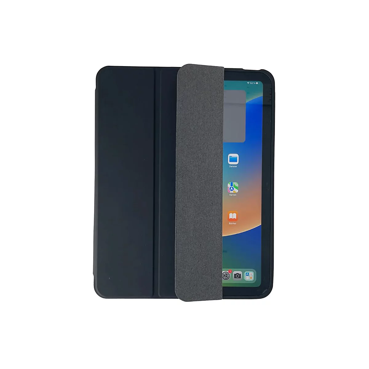 Dunkelgraue Tablet-Hülle in Buchform, die ein eingeschaltetes Tablet teilweise abdeckt.