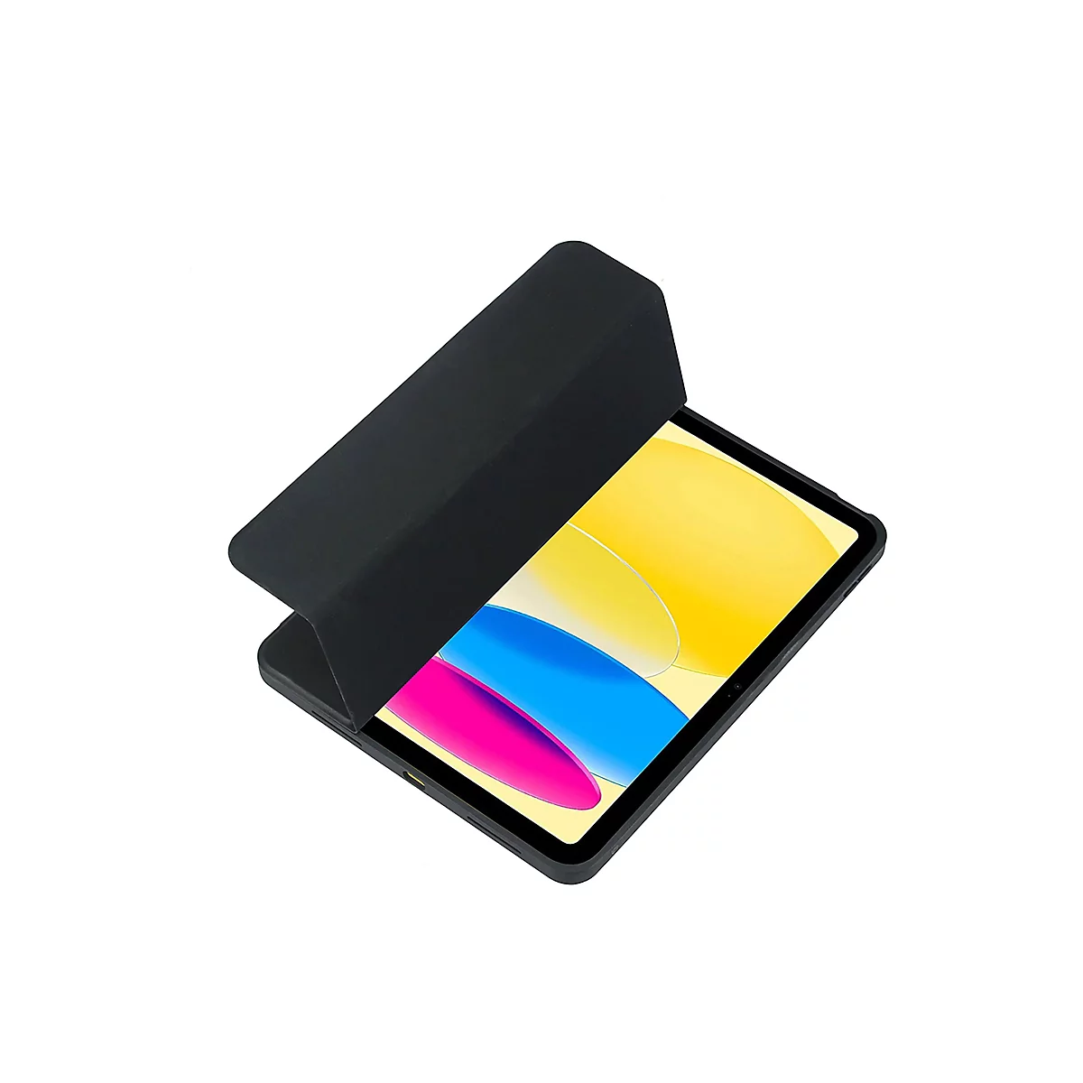 Schwarzes Tablet mit teilweise aufgeklapptem Schutzcover vor weißem Hintergrund.