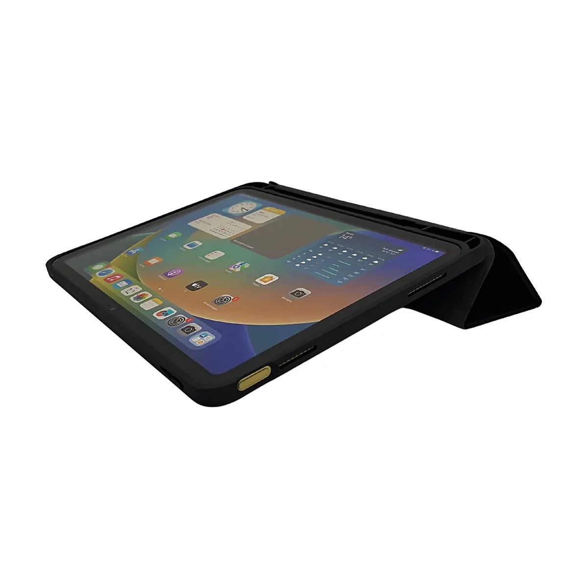 Schwarzes Tablet in Schutzhülle, leicht angewinkelt auf weißem Hintergrund.