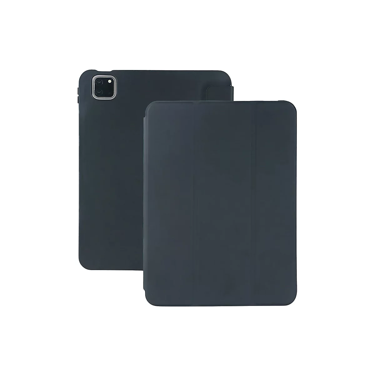 Zwei dunkelblaue Tablet-Hüllen, eine geöffnet, eine geschlossen. Die geschlossene Hülle hat eine dreifach gefaltete Frontplatte.