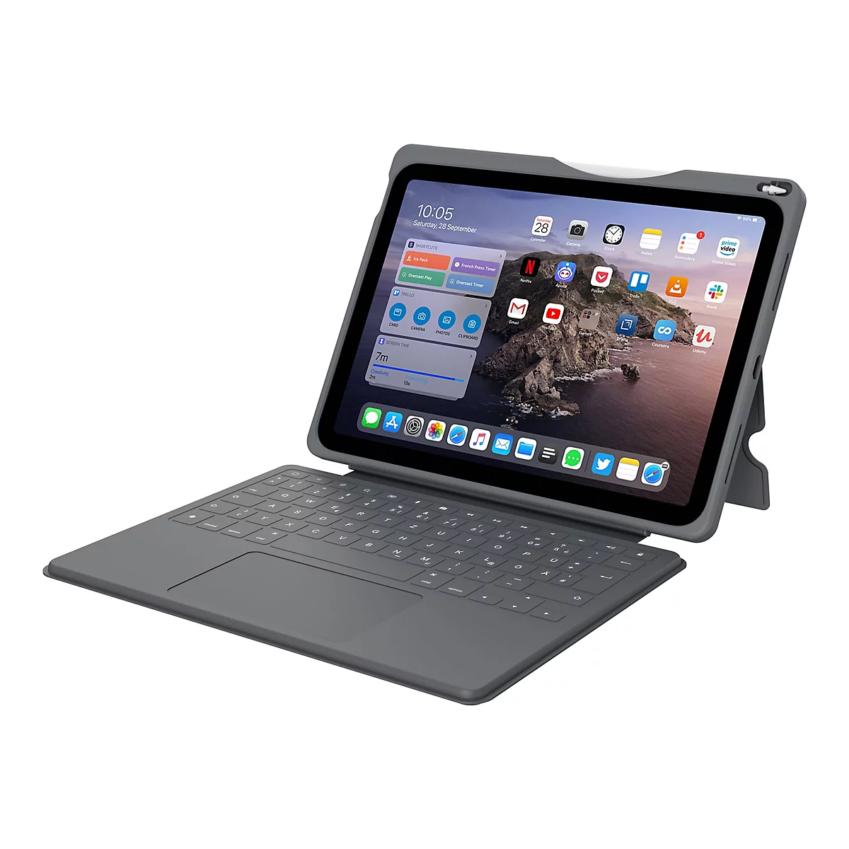 Ein graues Tablet mit einer angeschlossenen Tastatur liegt vor weißem Hintergrund. Das Tablet zeigt Apps an, die auf dem Bildschirm zu sehen sind, und die Tastatur ist mit Buchstaben versehen.