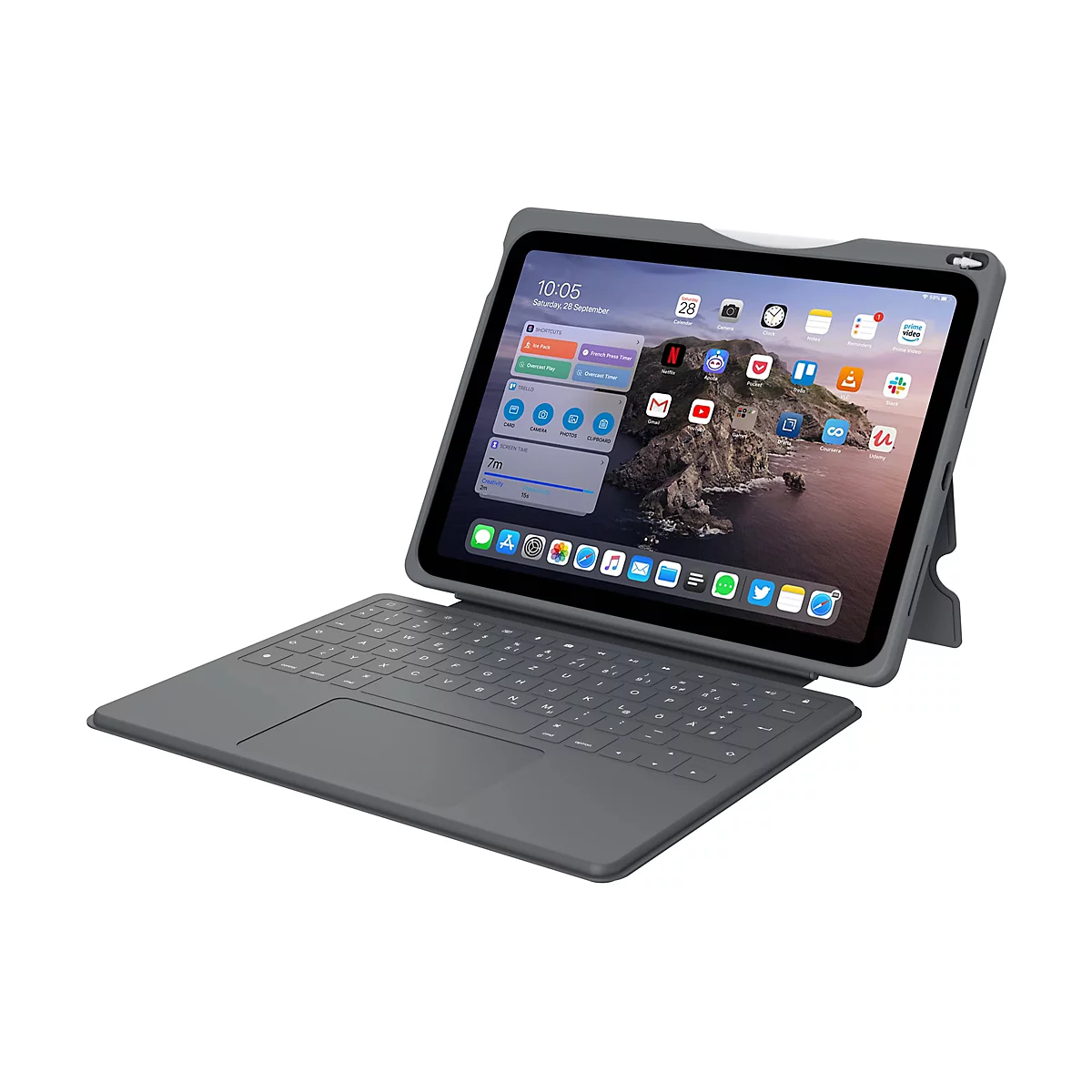 Graues Tablet in einer Schutzhülle mit integrierter Tastatur und Touchpad vor weißem Hintergrund.