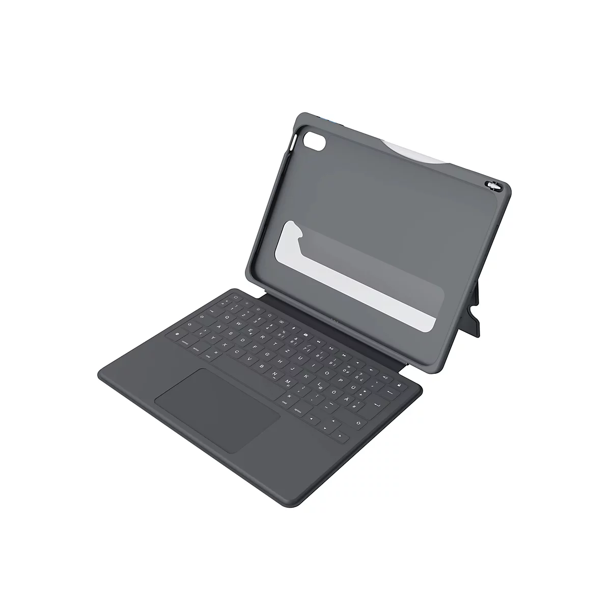 Dunkelgraue iPad-Tastaturhülle mit Tastatur, Trackpad und Ständer, vor weißem Hintergrund. Der Case-Deckel ist halb geöffnet.