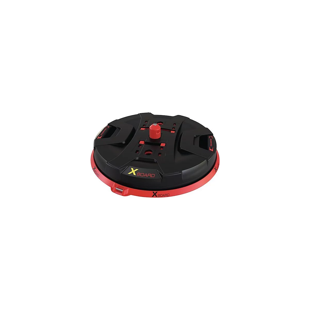 Appareil rond noir avec un bord rouge et un centre rouge. "XBOARD" est étiqueté en jaune et rouge.