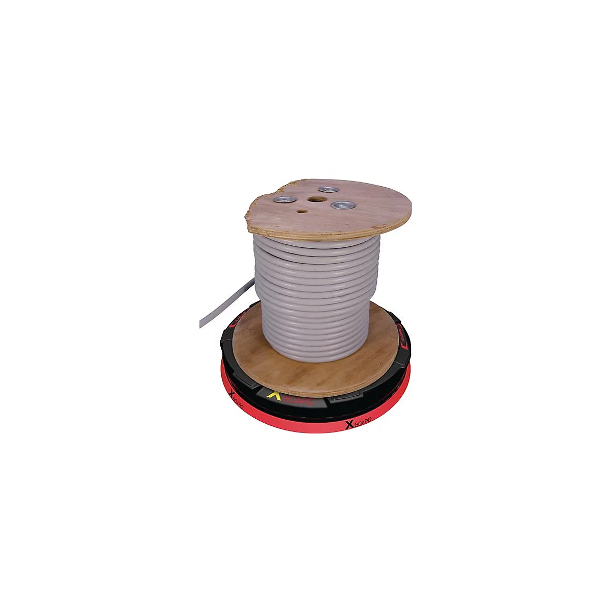 Bobine de câble en bois avec câble gris. Base inférieure avec marquage rouge, noir et jaune.
