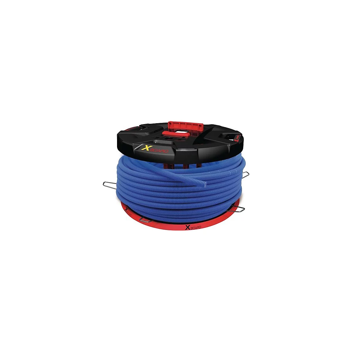 Tuyau ondulé bleu sur une bobine noire et rouge avec une poignée rouge. Le logo 'X-GUARD' est visible.