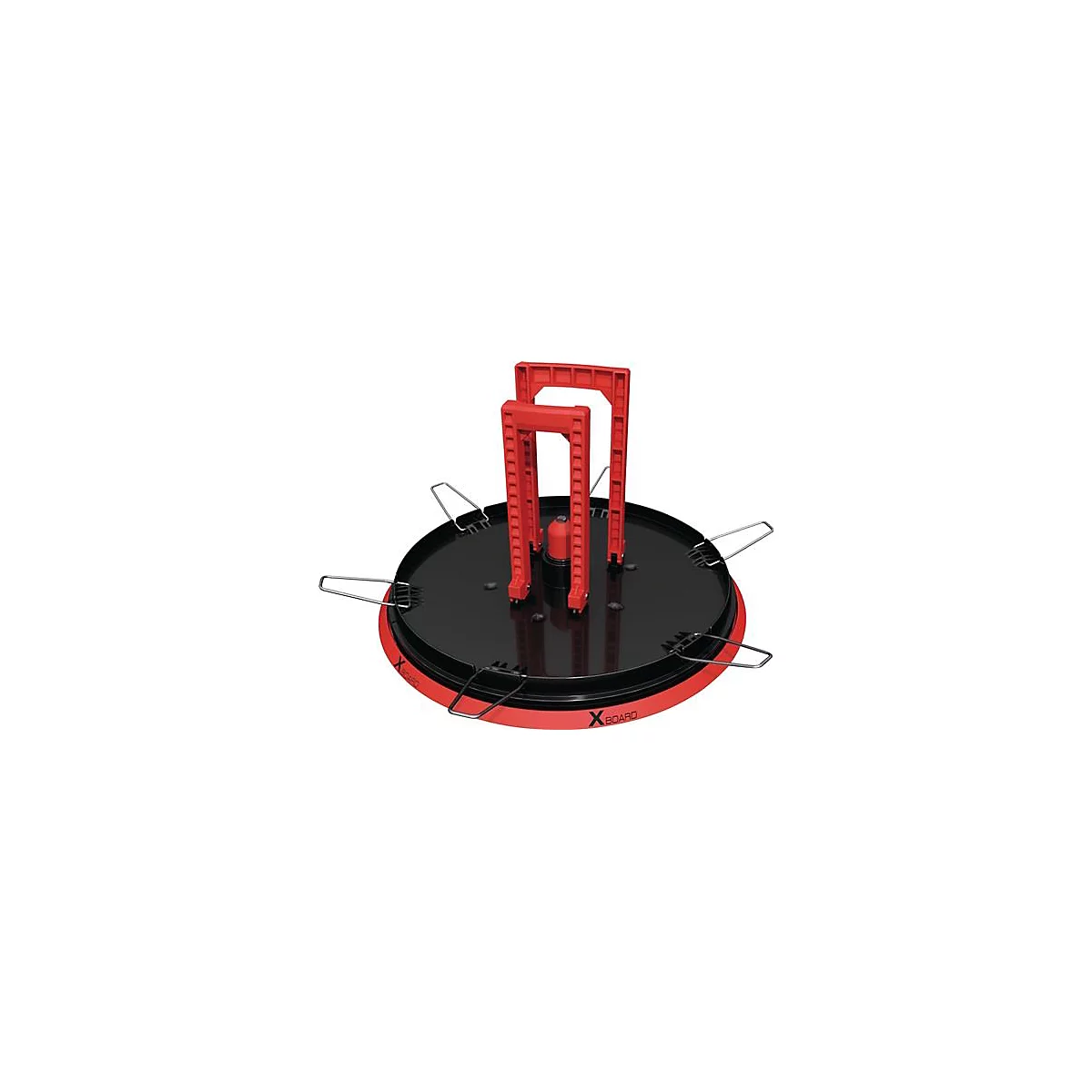 Objet circulaire noir avec des éléments rouges et des supports argentés, bord rouge avec inscription "X BOARD".