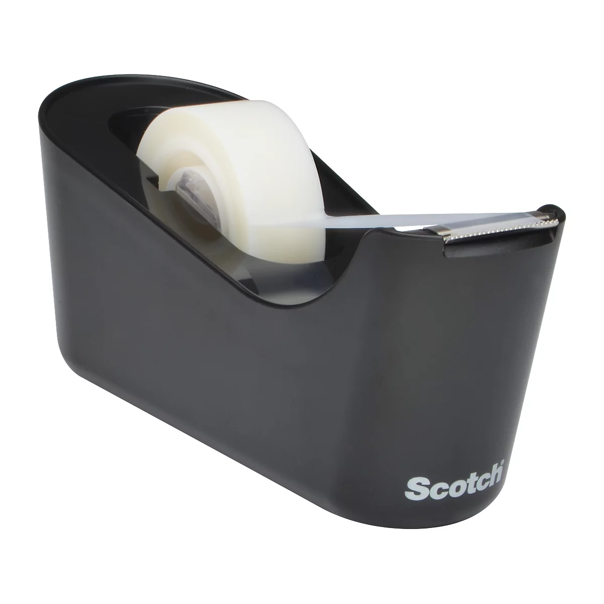 Distributeur de ruban adhésif noir avec rouleau de ruban adhésif et logo "Scotch".