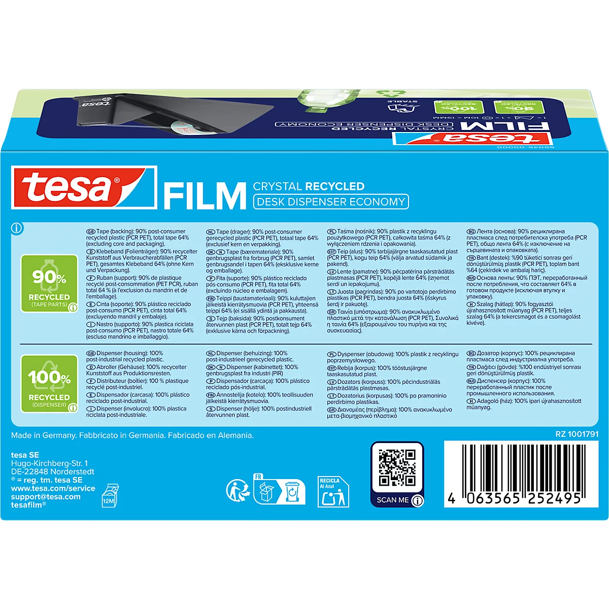 Dos de l'emballage de film tesa détaillant les informations de recyclage. Le texte en haut indique "tesa FILM CRYSTAL RECYCLED".