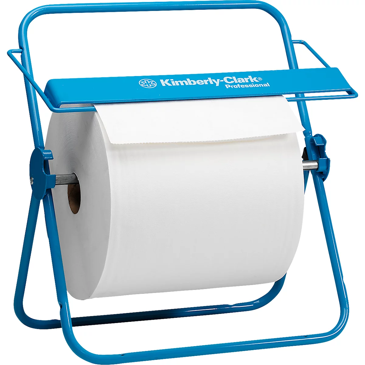 Distributeur d'essuie-mains en papier bleu avec le logo Kimberly-Clark. Un rouleau d'essuie-mains en papier blanc est inséré.