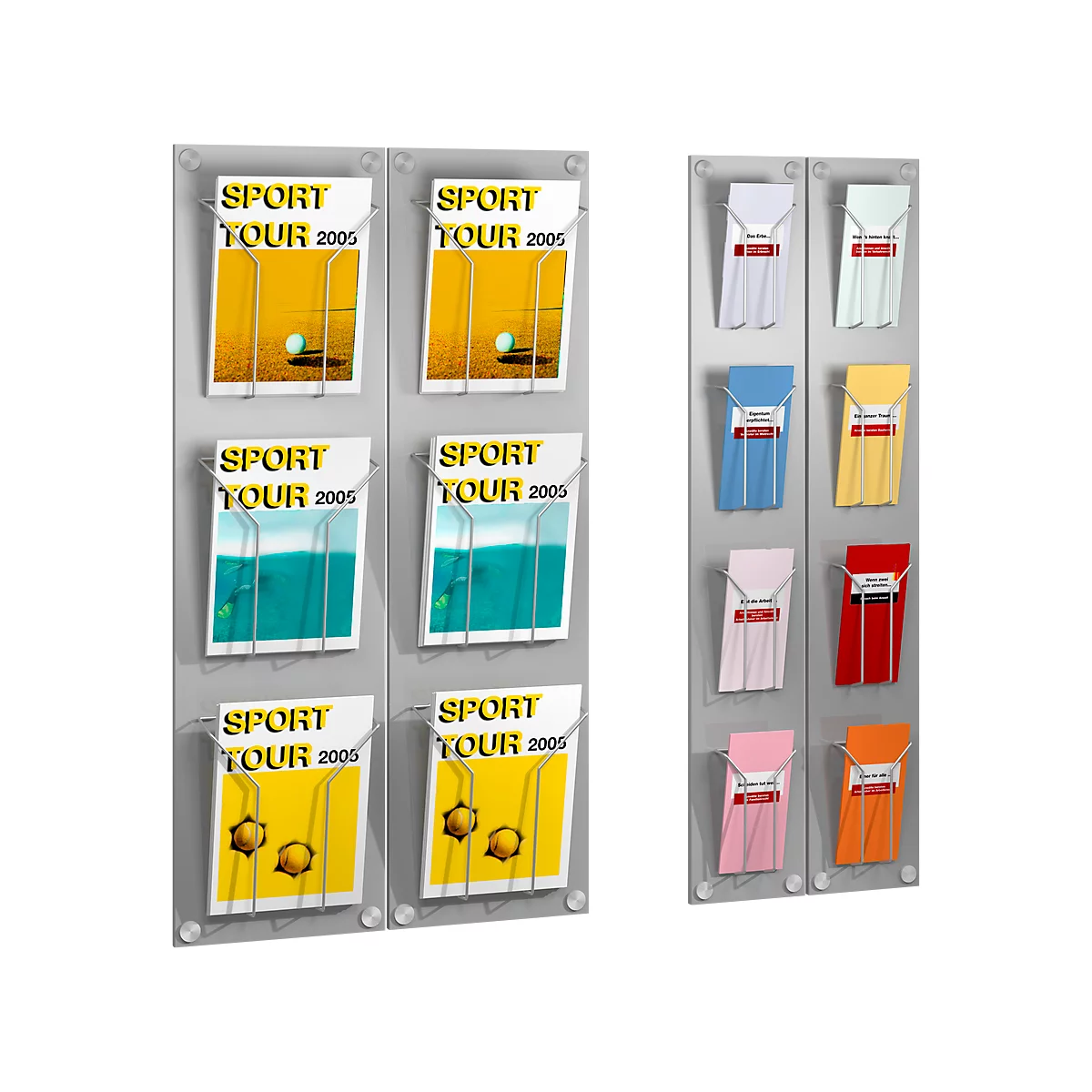 Several wall-mounted brochure holders with colorful brochures advertising "SPORT TOUR 2005".