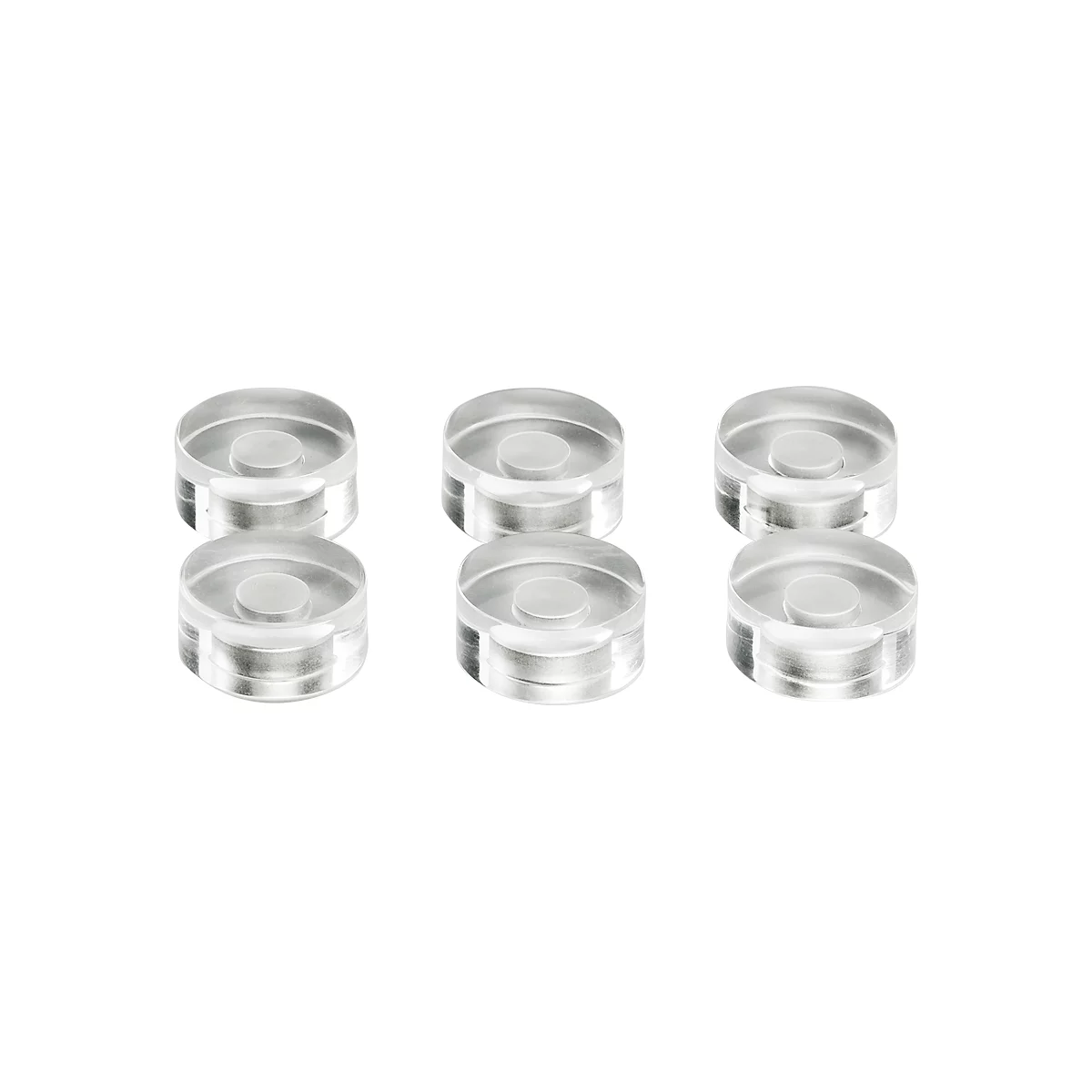 Six transparent, round plastic parts with raised centers.