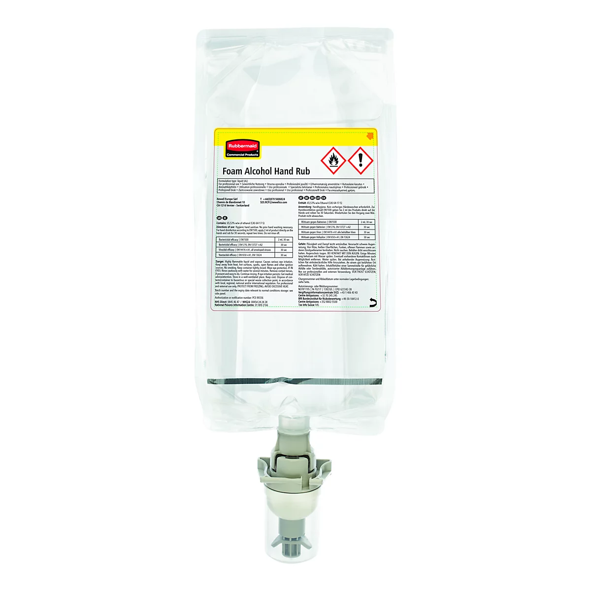 Désinfectant pour les mains Rubbermaid Alcohol plus, 1000 ml, avec pompe, pour Rubbermaid AutoFoam, 4 pièces