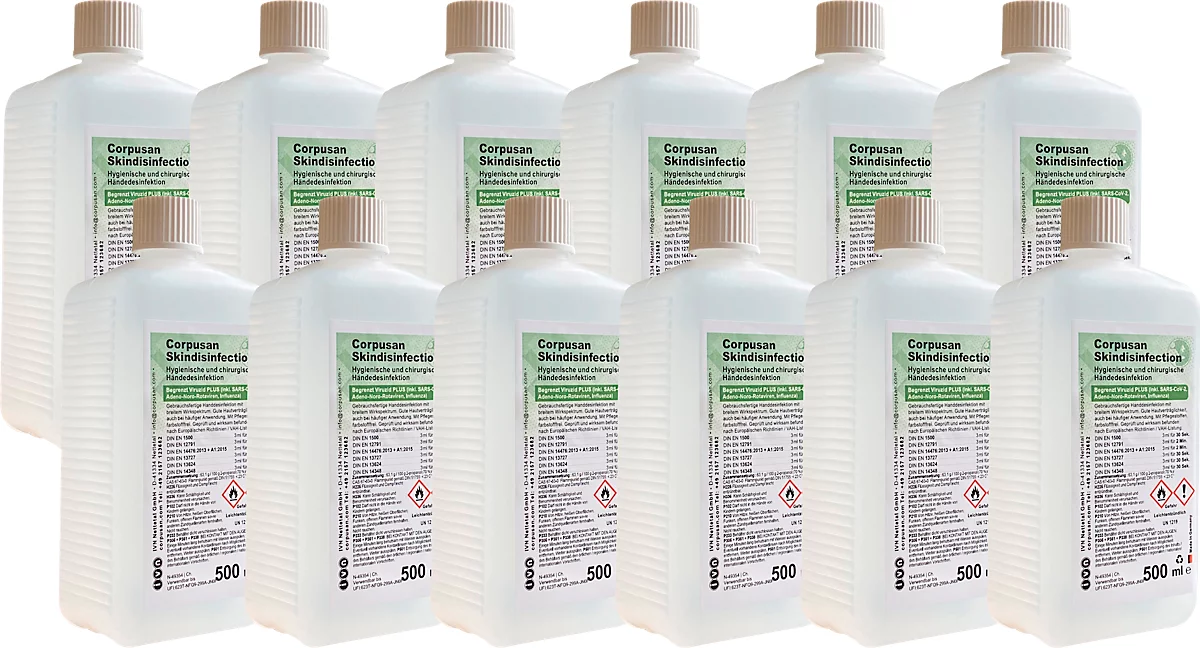 Desinfectante cutáneo CORPUSAN® Skindisinfection, bactericida, levurocida, virucida limitada, incoloro, 12 x 500 ml