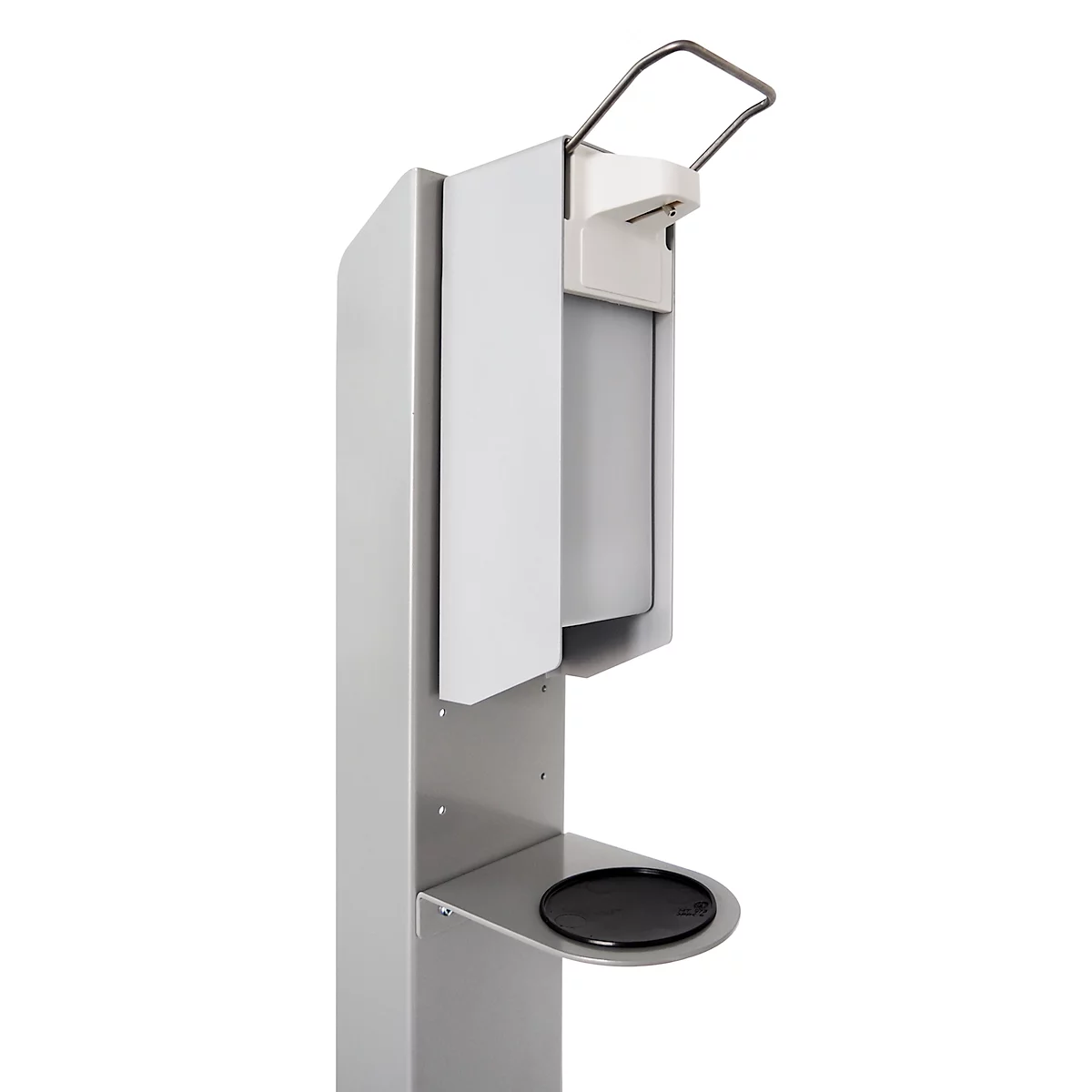 Desinfectiedispenser, met bedieningshendel &amp; lekbak, tot 1000 ml, incl. lege fles, roestvrij staal, B 350 D 350 x H 1220 mm