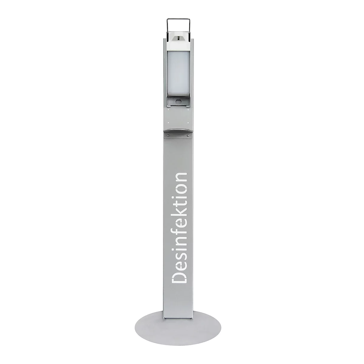 Desinfectiedispenser, met bedieningshendel &amp; lekbak, tot 1000 ml, incl. lege fles, roestvrij staal, B 350 D 350 x H 1220 mm