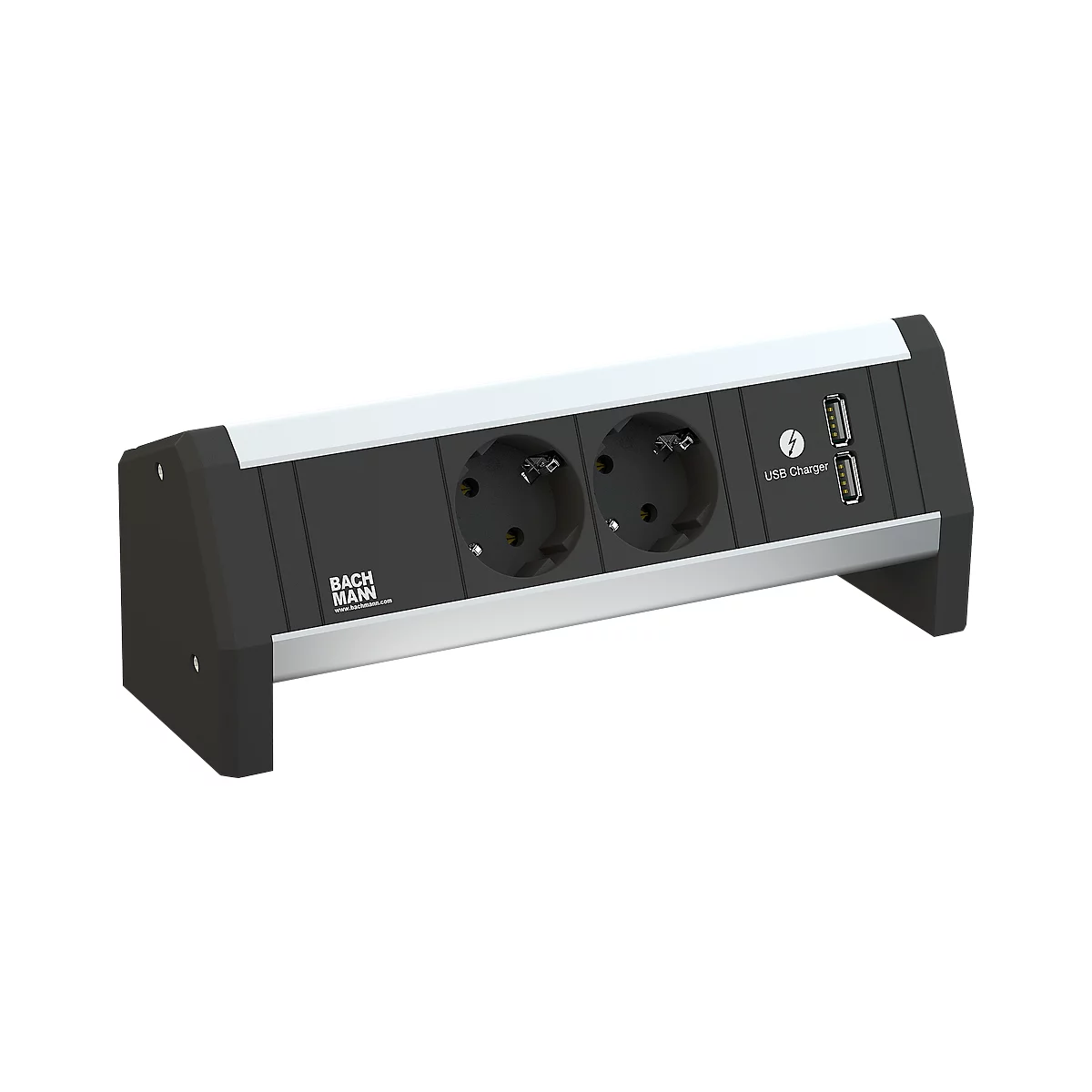 Multiprise avec deux prises, deux ports USB et un cadre argenté. Inscription : USB Charger.
