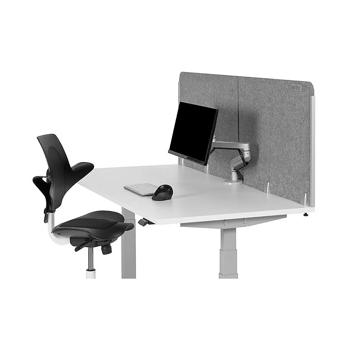 Office desk with chair, monitor, mouse, and keyboard. Grey felt wall as privacy screen.