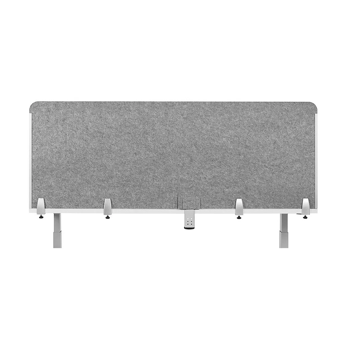 Gray desk partition attached to a white table with four clamps.