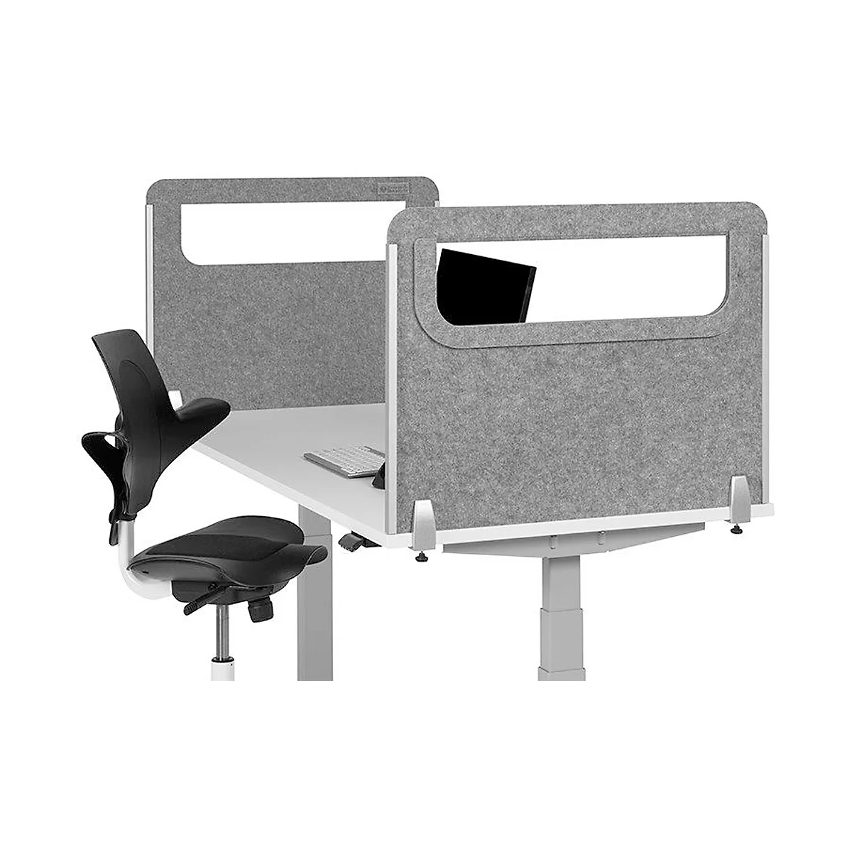 Grey desk divider with rectangular cutouts; behind desk with keyboard and chair.