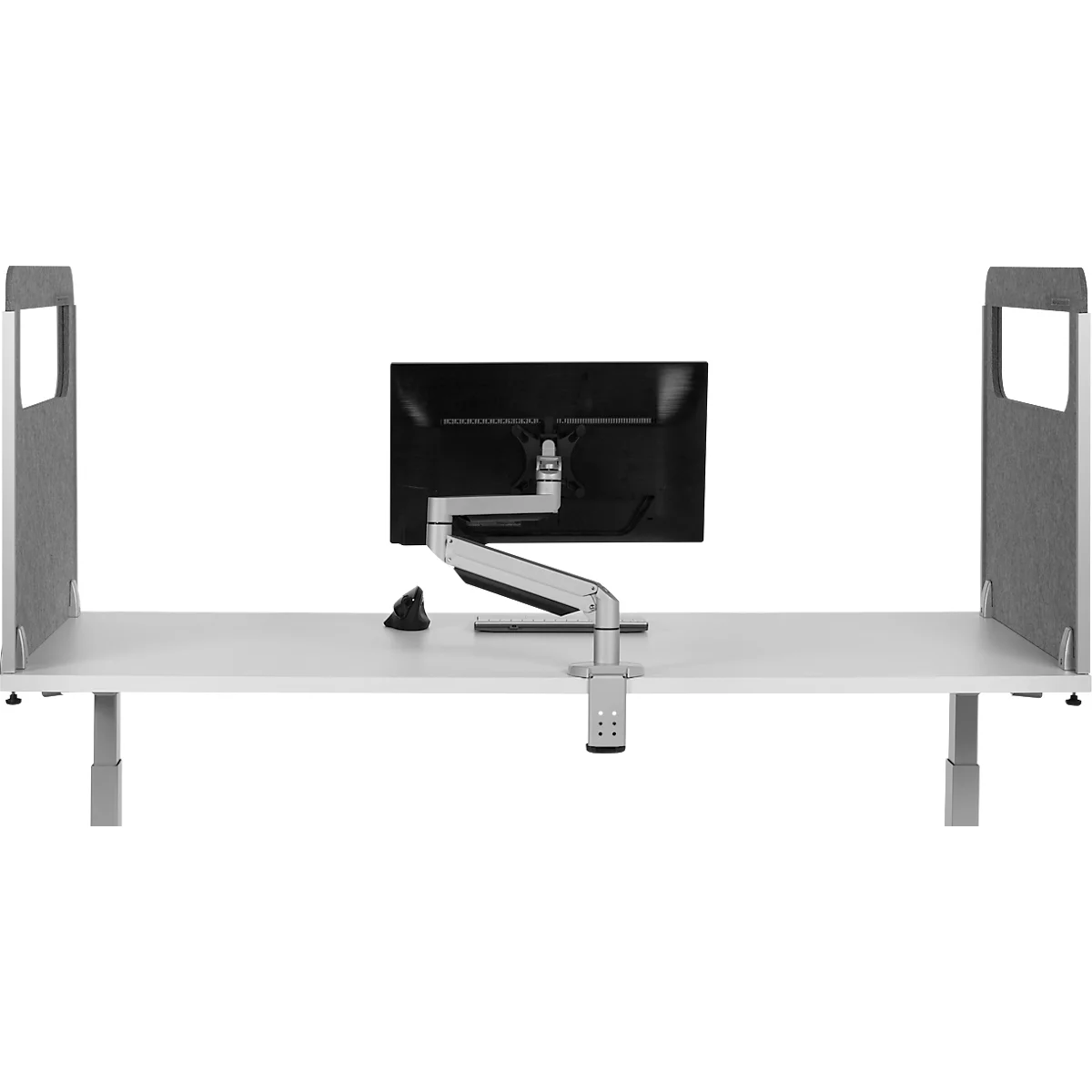 A gray desk with a monitor, mount and gray dividers on the sides.