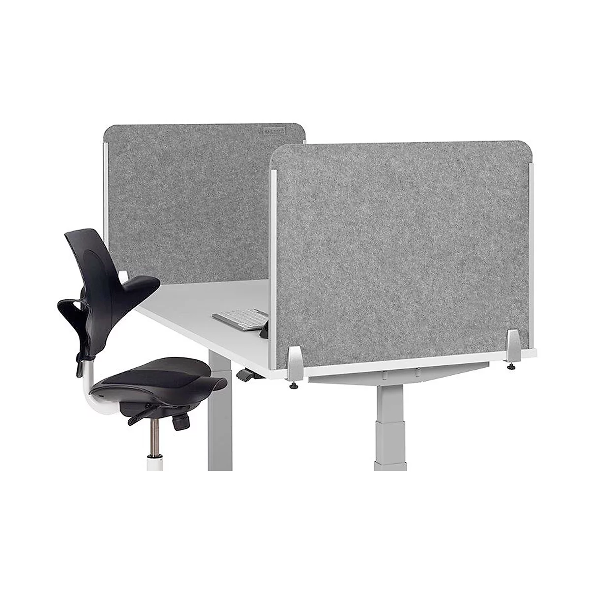 Office desk with gray partitions and a black office chair.