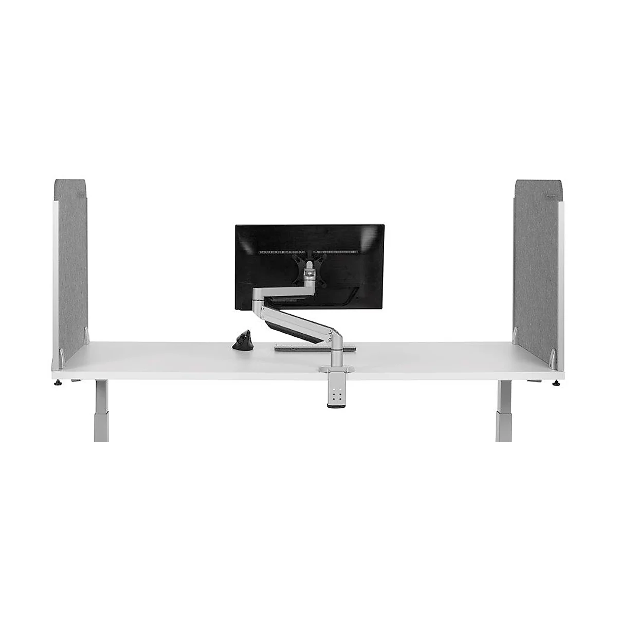 White desk with two gray partitions and a monitor.