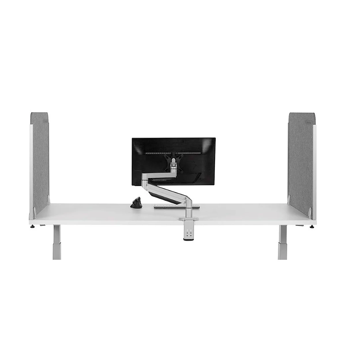 Workplace with desk, monitor and soundproof panels in light gray against a white background.