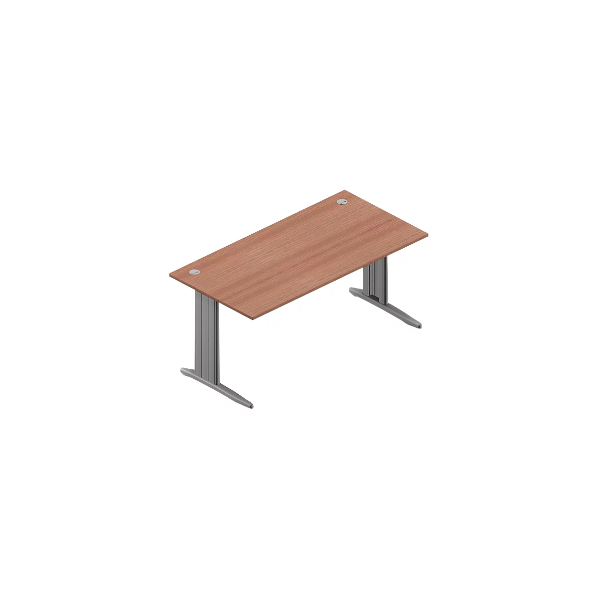 A brown desk with gray legs.