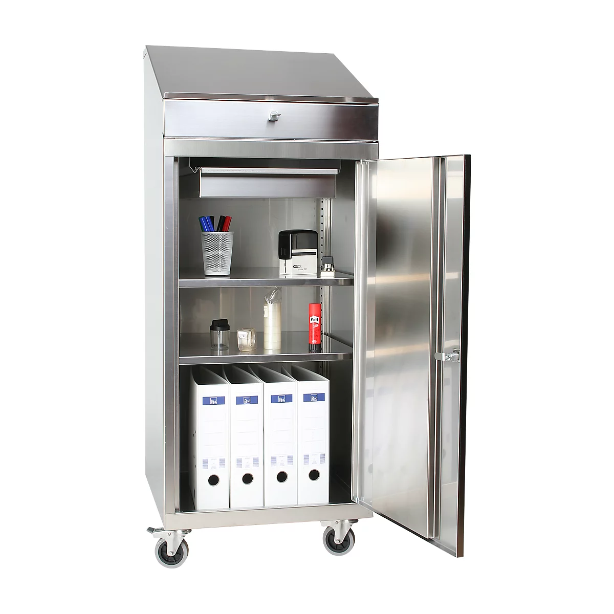 Stainless steel cabinet with open door, inside shelves with utensils and folders.