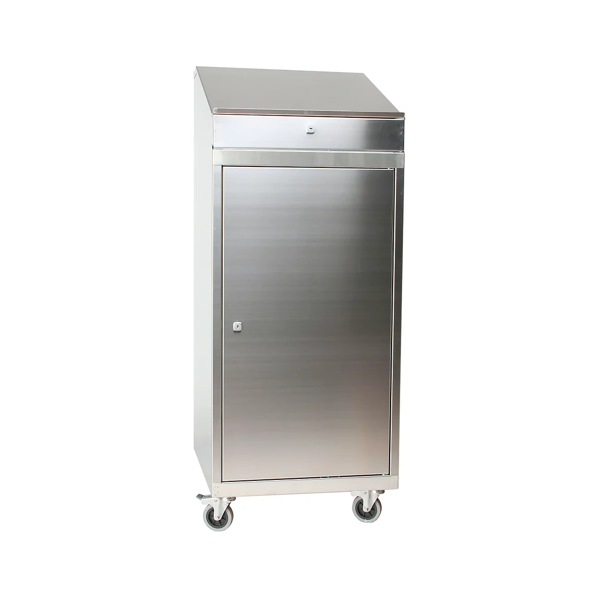 Stainless steel cabinet with wheels, lockable door, and slanted top.