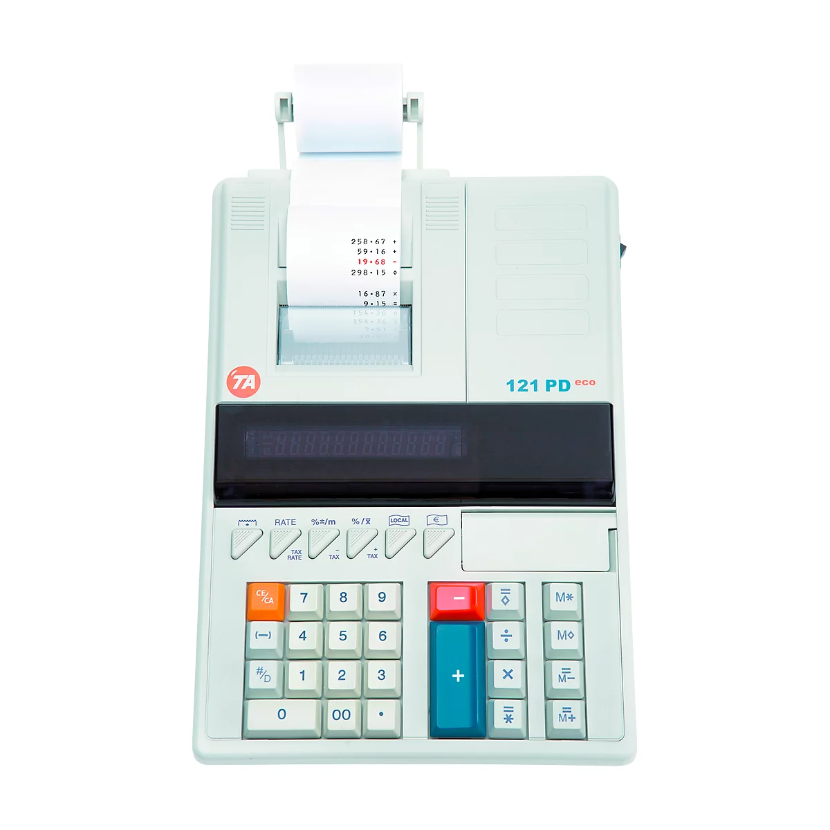 A gray calculator with paper output, the result is displayed on a display. The printout shows numbers.